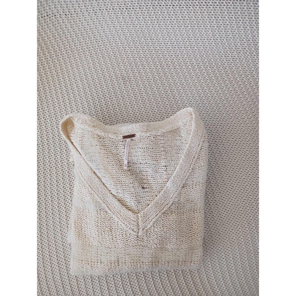 Free People Oversized Boho Open Knit Tunic Sweater Cream Striped V-Neck S/M - Picture 8 of 12